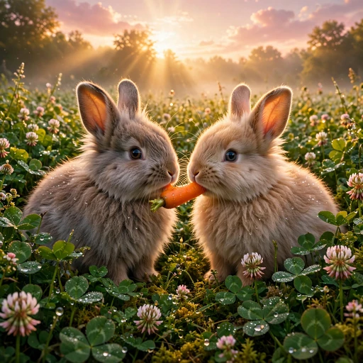 Two rabbits sharing one carrot in a dewy clover meadow at sunrise, cute friendship DP