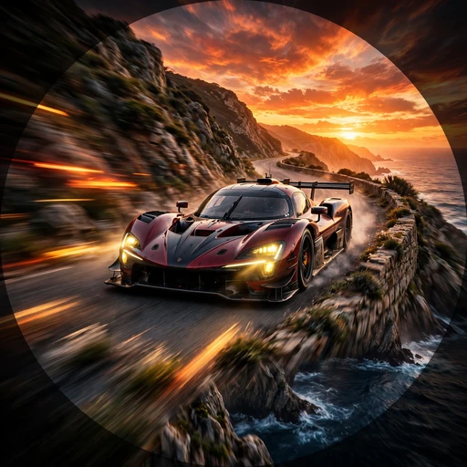 Race Car on Coastal Road at Sunset Motivational WhatsApp DP profile picture