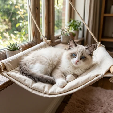 A fluffy ragdoll kitten lounges in a low fabric window hammock