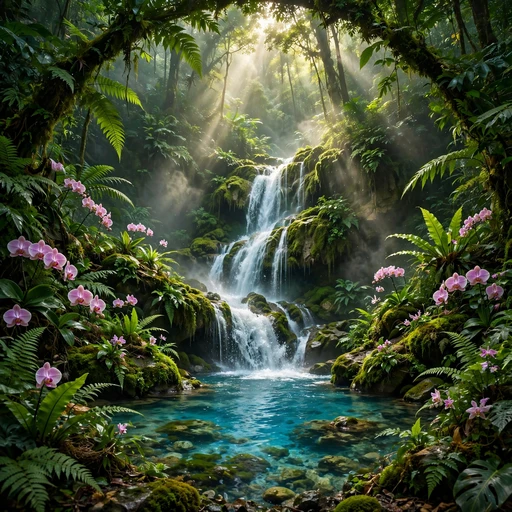 Tropical rainforest waterfall cascading into a turquoise pool in mist, nature DP