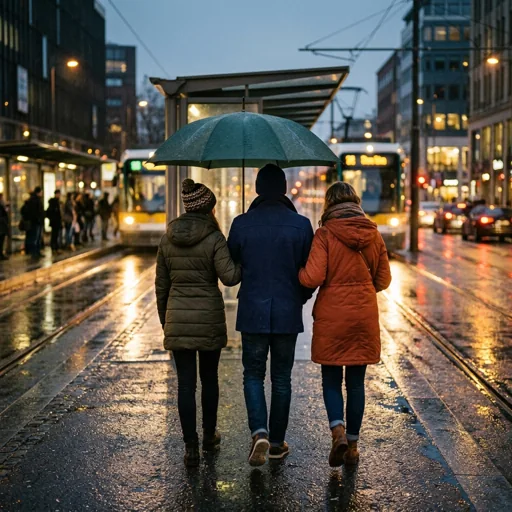 Three friends share a large umbrella beside a rainy city tram stop