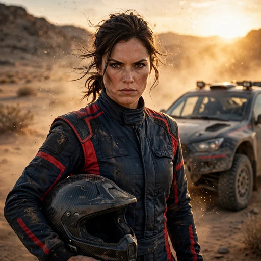 fictional adult woman rally driver holding helmet beside dusty rally car attitude dp