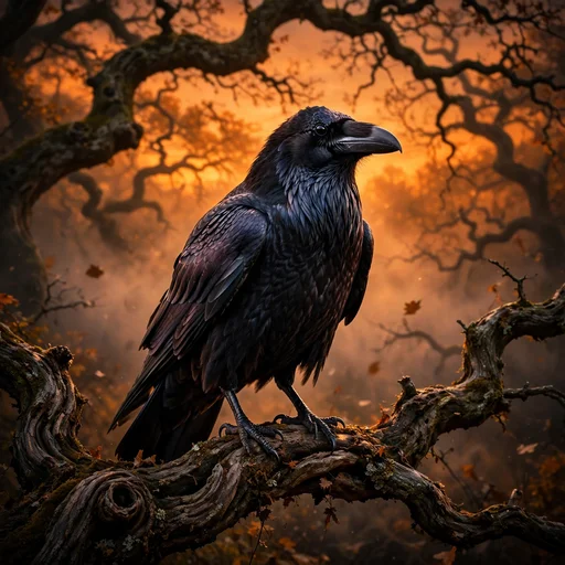 Raven perched on gnarled oak branch at pumpkin-orange autumn dusk, nature profile picture