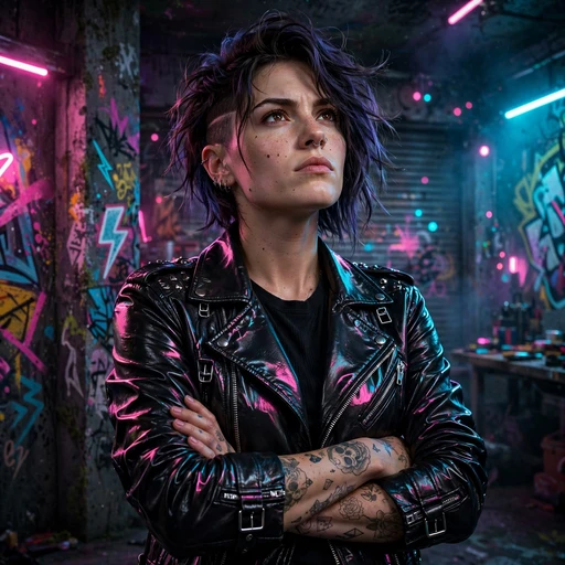 rebellious biker woman with leather jacket