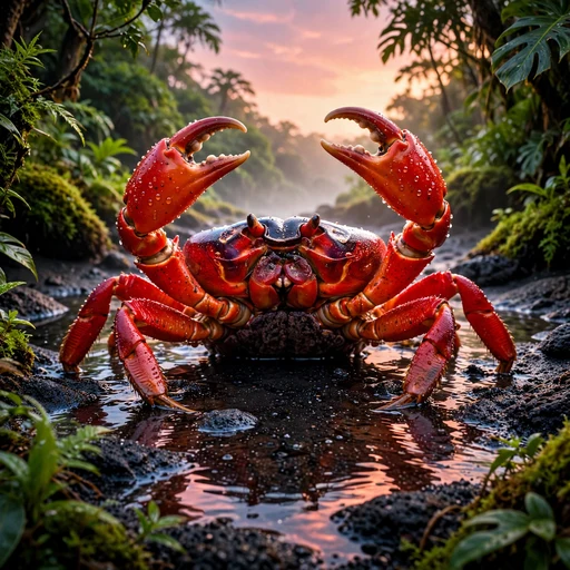 Red Christmas Island crab with raised claws at tropical dawn, square animal DP