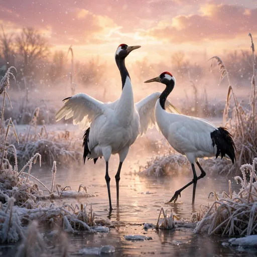 Two red-crowned cranes dancing in a snowy wetland at dawn, WhatsApp DP