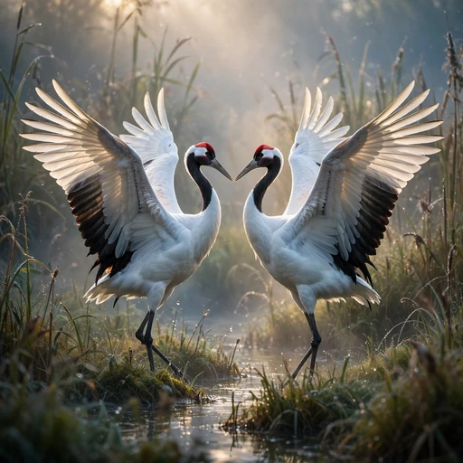 Two red-crowned cranes dancing together in a misty marsh at dawn