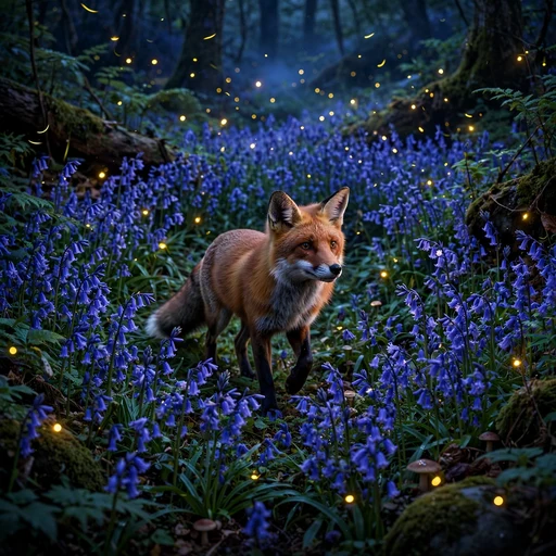 Red fox walking through bluebell flowers in a twilight forest with fireflies, nature display photo