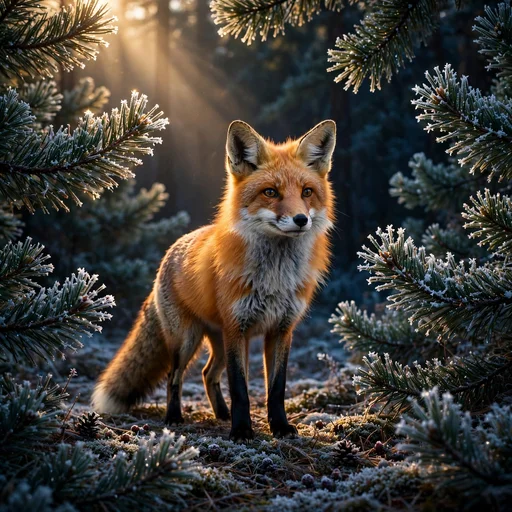 Red Fox in Frosty Pine Forest at Dawn, nature DP