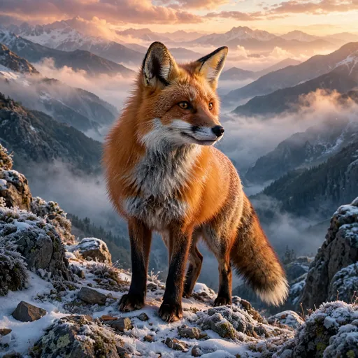 Red fox standing alert on a snowy ridge at dawn above mist-filled valleys, square motivational profile picture