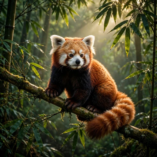 Red panda climbing a bamboo branch in morning light
