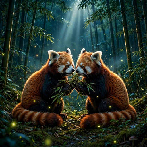 Two red pandas sharing bamboo branches in a moonlit forest, cute friendship DP