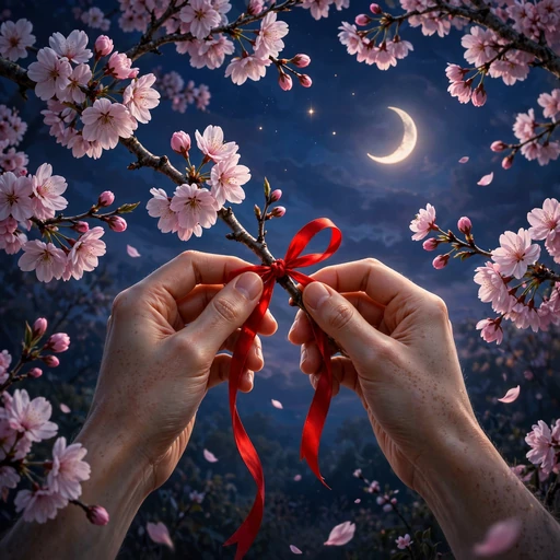 Two hands tying a red ribbon onto a cherry blossom branch under a crescent moon at dusk.