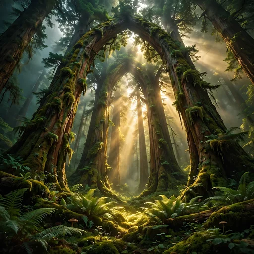 Giant redwood trunks in fog with golden god-rays over fern floor, nature profile picture