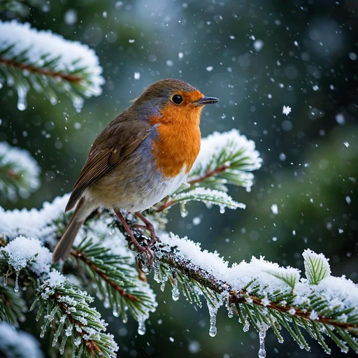 European robin with red breast on snowy pine branch, square animal WhatsApp DP