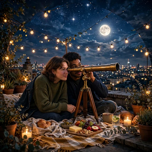 Two friends stargazing through a telescope on a fairy-lit rooftop, friendship DP