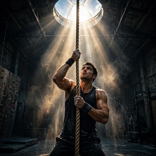 Athlete climbing a rope toward a bright skylight in a dark gym, motivational DP