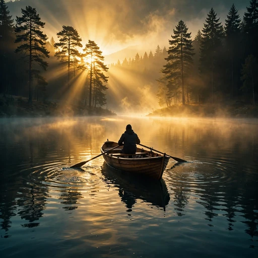 rowboat heading into golden morning mist