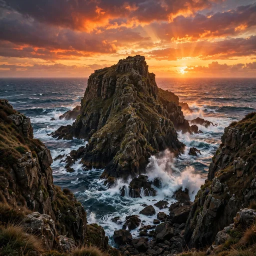 Rugged ocean cliff at fiery sunset with waves crashing on rocks far below