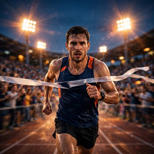 athlete crossing finish line ribbon at stadium dusk motivational dp