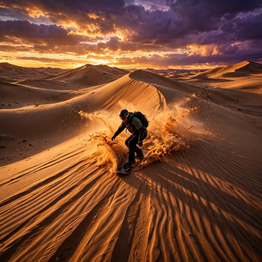 Sandboarder riding glowing desert dunes at sunset, motivational WhatsApp DP