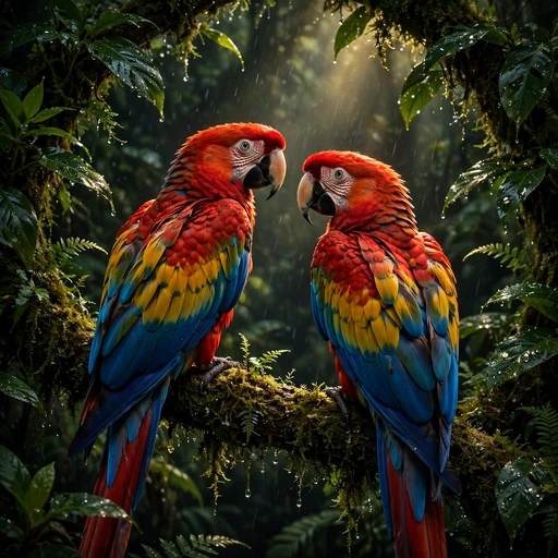 Two scarlet macaws with crimson and blue feathers perched on a mossy branch in a rainforest