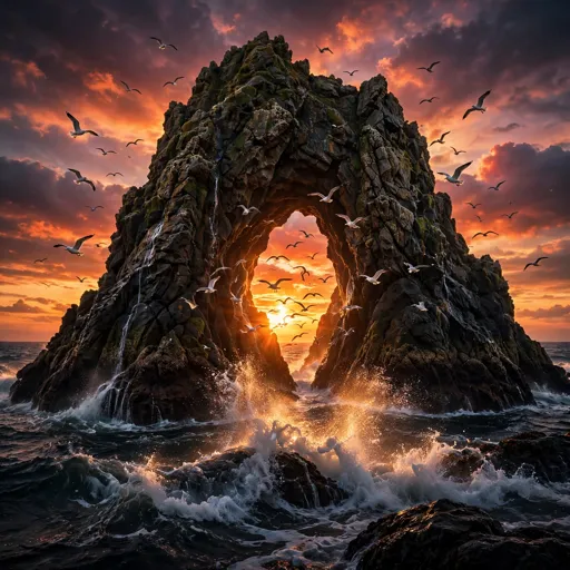 Ocean sea arch with seabirds circling at fiery sunset, WhatsApp DP