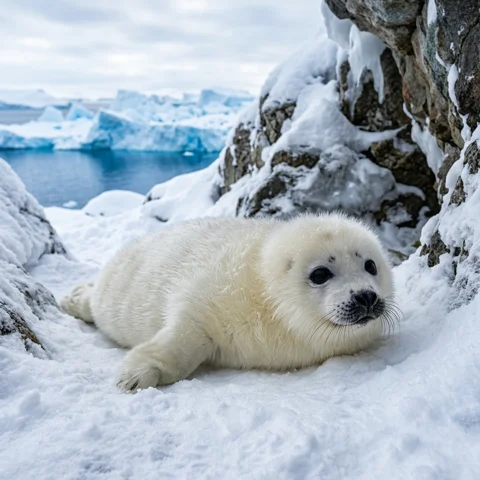 A white seal pup rests in a sheltered snowy cove with blue ice beyond