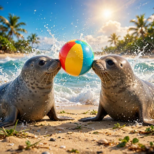 Two seals balancing a beach ball between their noses on a sunny shore, funny friendship DP