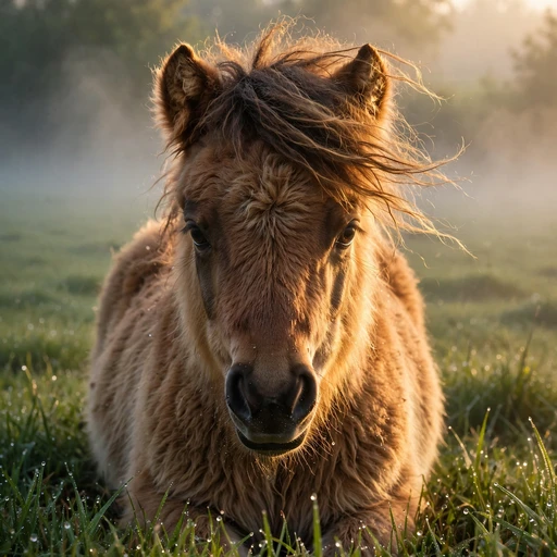 Shetland pony foal portrait in morning mist with sunrise rim light, square animal WhatsApp DP
