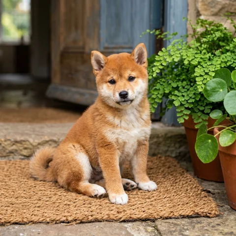 A small Shiba puppy sits on a plain woven doormat beside potted greenery