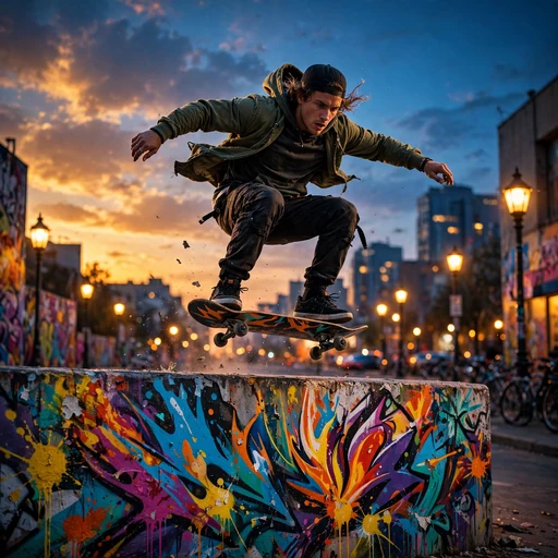 Skateboarder mid-air above a graffiti wall at blue hour, motivational DP