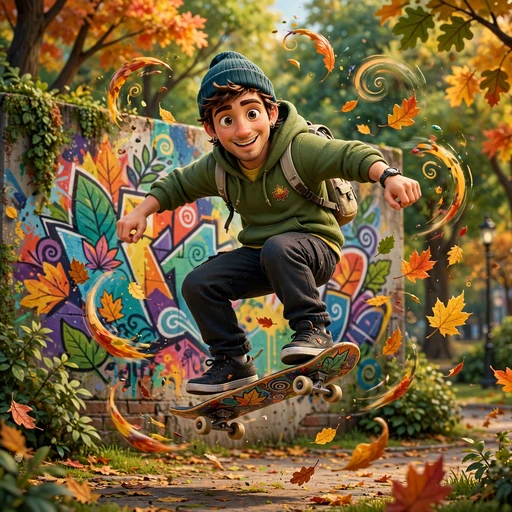 cartoon skateboarder jumping in autumn park boys dp