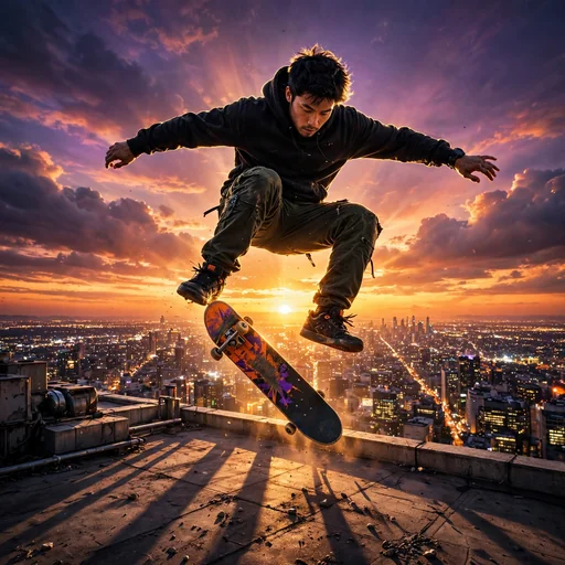skateboarder mid-air trick above a city rooftop at sunset, motivational wallpaper