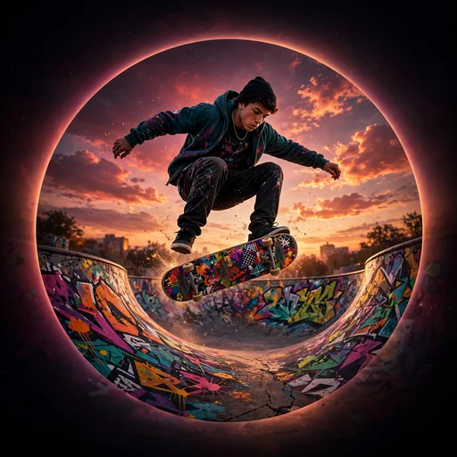 Skateboarder mid-kickflip above a graffiti skatepark bowl at sunset, motivational DP