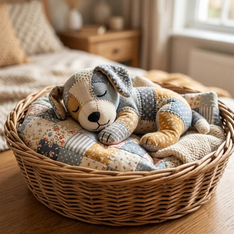 A patchwork plush puppy sleeps in a woven basket with a tiny quilt