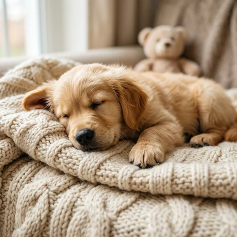 A golden puppy sleeps with its chin on a folded knitted blanket
