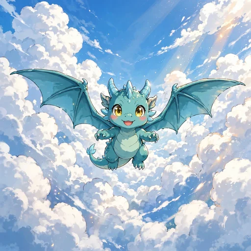 Small cute anime dragon soaring through bright fluffy white clouds in a blue sky