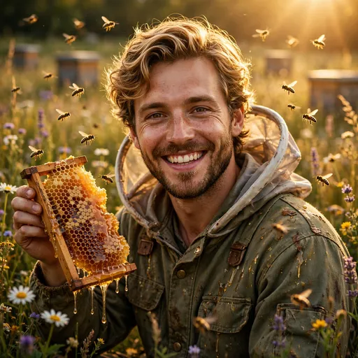 smiling beekeeper holding honeycomb among bees