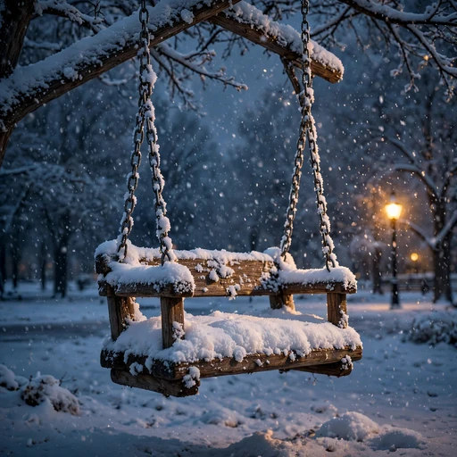 Empty snow-covered wooden swing hanging in a winter park at dusk, sad DP