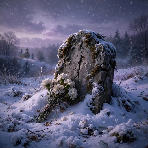 Old snow-covered gravestone with white carnations in gentle snowfall at winter dusk, sad WhatsApp DP