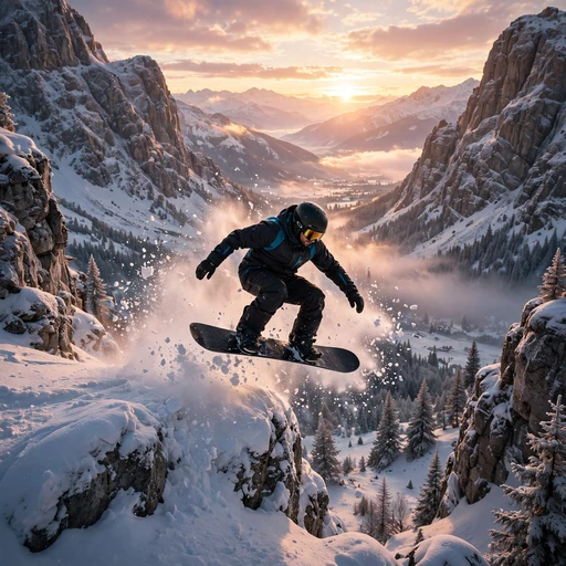 Snowboarder dropping off a powder cliff at dawn, motivational WhatsApp DP