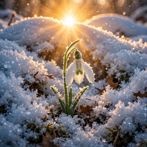 Snowdrop flower blooming through fresh snow with a golden sunflare, square motivational profile picture