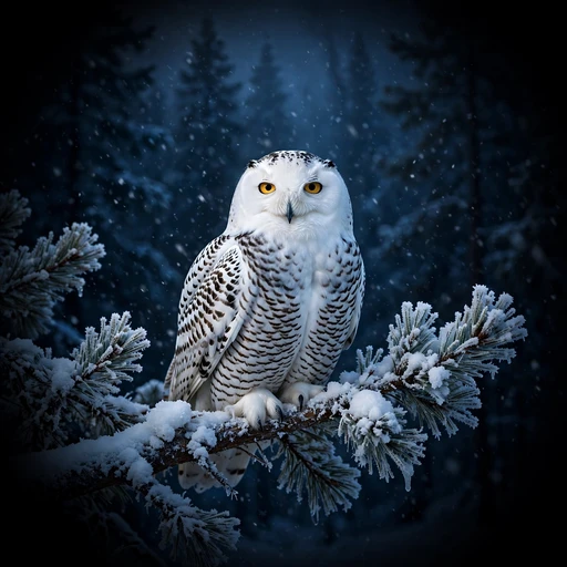 Snowy owl on a pine branch in falling snow, nature DP