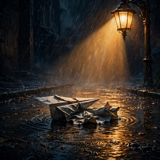 Soggy paper airplane grounded on a rain-flooded street at night under a glowing streetlamp, sad WhatsApp DP