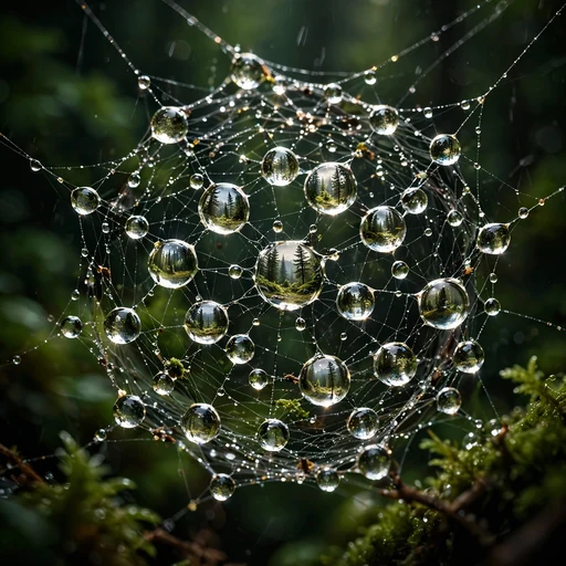 Macro of spider web with refracting dew drops against green bokeh, nature display photo