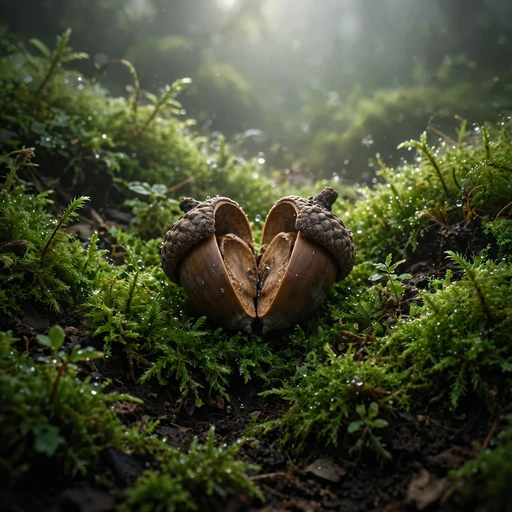 Split acorn on green moss on a misty forest floor, melancholic profile picture