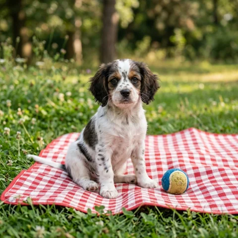 A small spotted puppy sits on a checkered picnic rug beside a toy ball