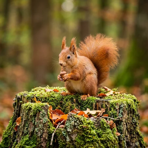 A red squirrel holds an acorn on a moss-covered tree stump