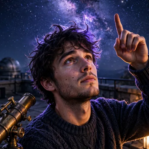 young man stargazing with telescope under milky way